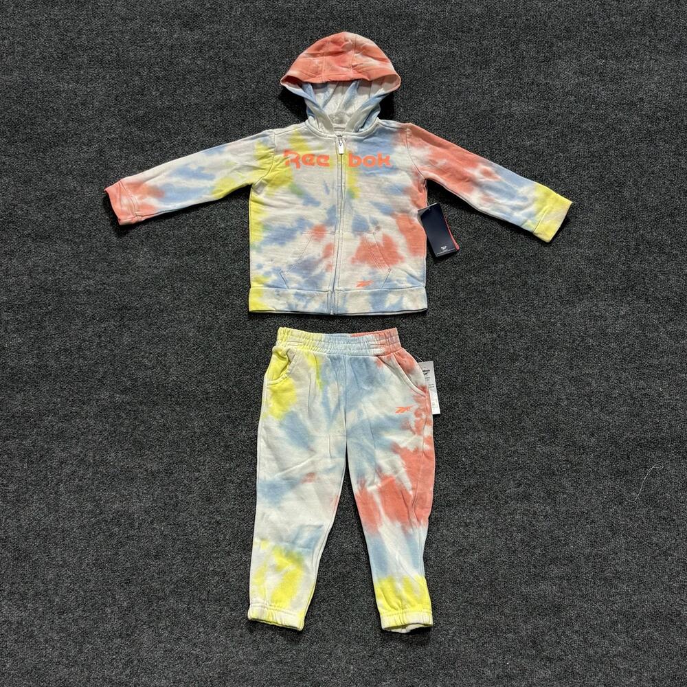 Reebok 2 Piece Hoodie Pants Set Girls 4T Neon Melon Tie Dye Fleece Outfit